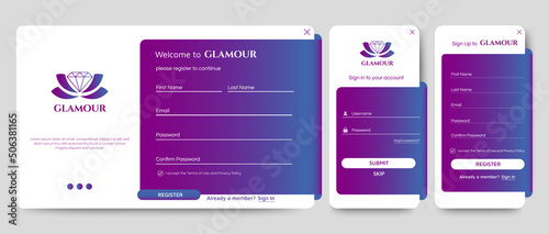 Set of Sign Up and Sign In forms. Blue gradient background with modern logo. Registration and login forms page. Professional web design, full set of elements. User-friendly design materials.