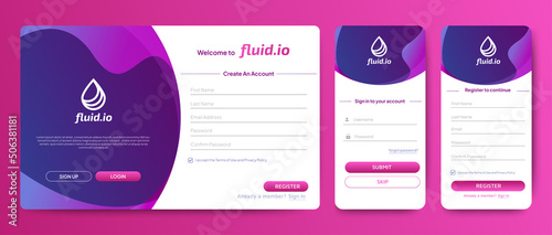 Set of Sign Up and Sign In forms. Blue gradient background with modern logo. Registration and login forms page. Professional web design, full set of elements. User-friendly design materials.
