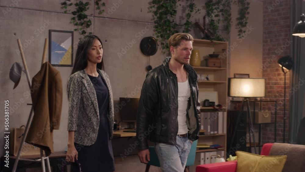 Television Sitcom about Two Couples, Montage with Opening Theme Establishing Shot of Building. Two Diverse Couples Talking in Living Room. TV Series Broadcast on Network Channel, Streaming Service
