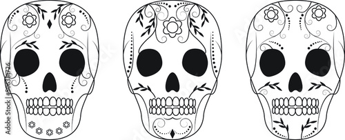 collection of black and white line art painted skulls with flower ornament