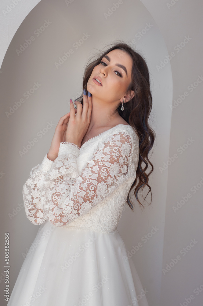 Beautiful bride in a luxurious wedding dress on white background Beautiful bride in a luxurious wedding dress on white background