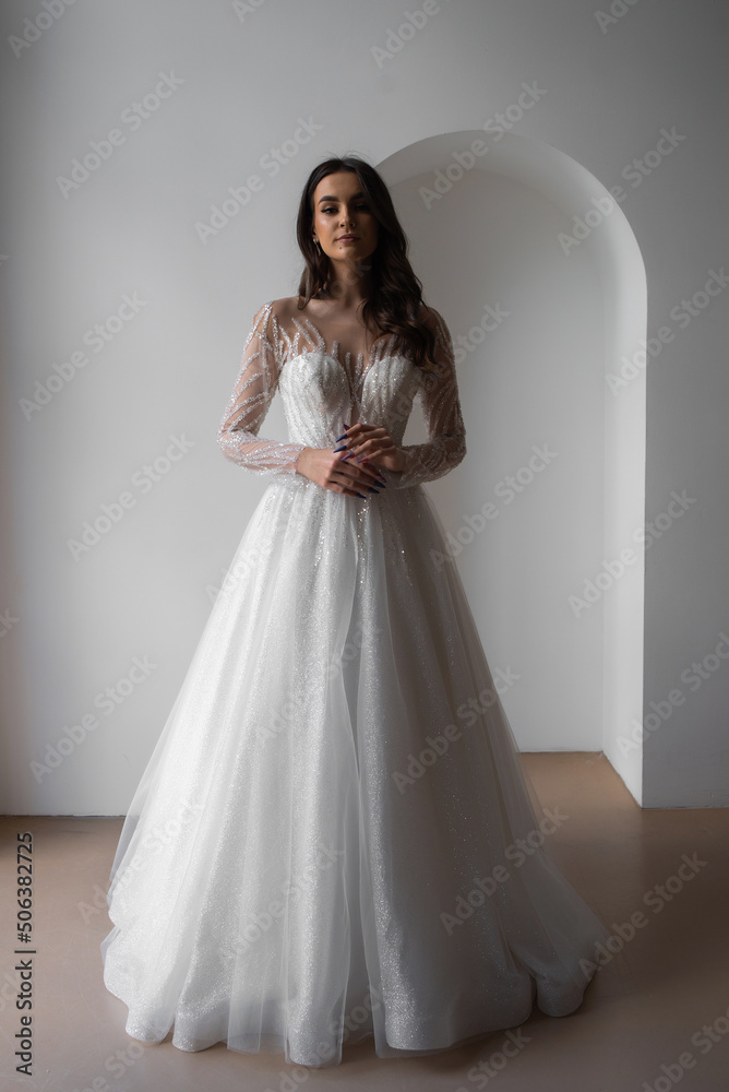 Beautiful bride in a magnificent white wedding dress of tulle with corset lacing and long beauty hair Beautiful bride in a magnificent white wedding dress of tulle with corset lacing and long beauty hair