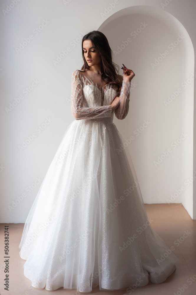 Beautiful bride in a magnificent white wedding dress of tulle with corset lacing and long beauty hair