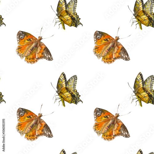 Seamless pattern on a white background. Watercolor illustration of a butterfly. Textile. Postcard. Watercolor