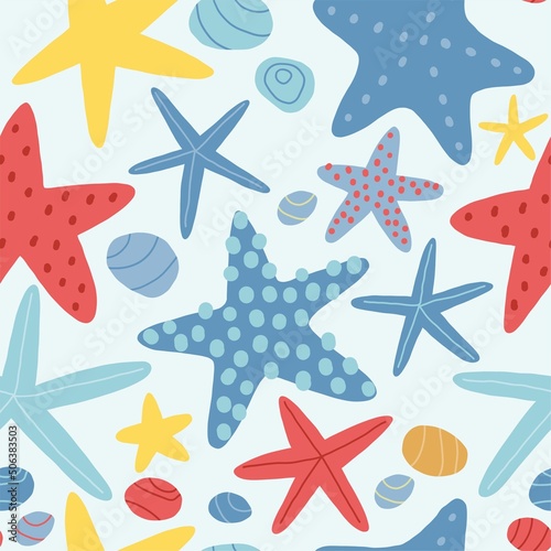Cute cartoon undersea world. Deep Ocean or sea  with  sea star. Vector seamless pattern