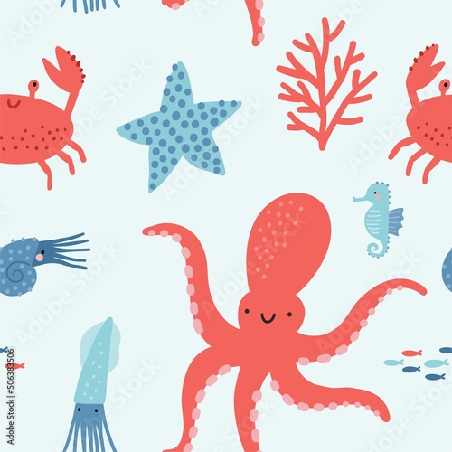 Cute cartoon undersea world. Deep Ocean or sea  with  fish, octopus, crab, seashells,  stars, sea horse, aquatic plants. Vector seamless patten