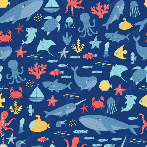 Cute cartoon undersea world. Deep Ocean or sea with fish, octopus, crab, whales, narwhals, seashells, stars, cramp-fish, aquatic plants. Vector seamless pattern