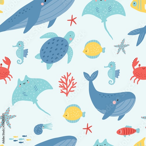 Cute cartoon undersea world. Deep Ocean or sea with fish, octopus, crab, whales, narwhals, seashells, stars, cramp-fish, aquatic plants. Vector seamless pattern