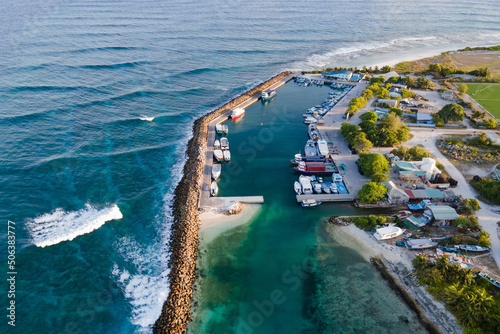 Aerial view of boat jetty at Fuvahmulah Harbour, fishing port and famous dive site for tiger sharks, Fuvahmulah Island, Gnaviyani Atoll or Nyaviyani Atoll, Maldives photo