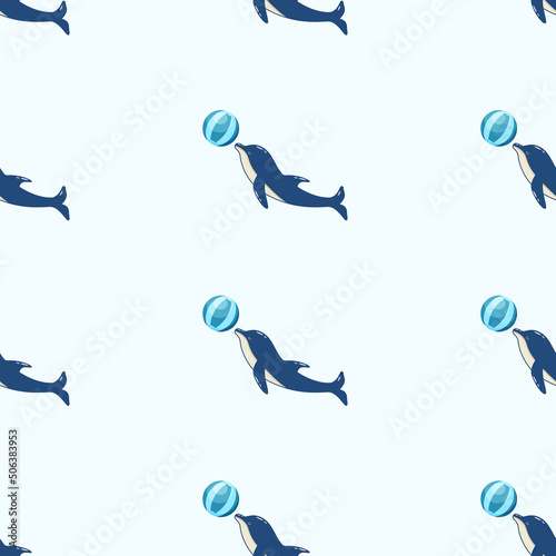 Seamless Pattern dolphins in different poses, vector illustration of marine animals. Painted dolphins swim and players in dolphinarium.