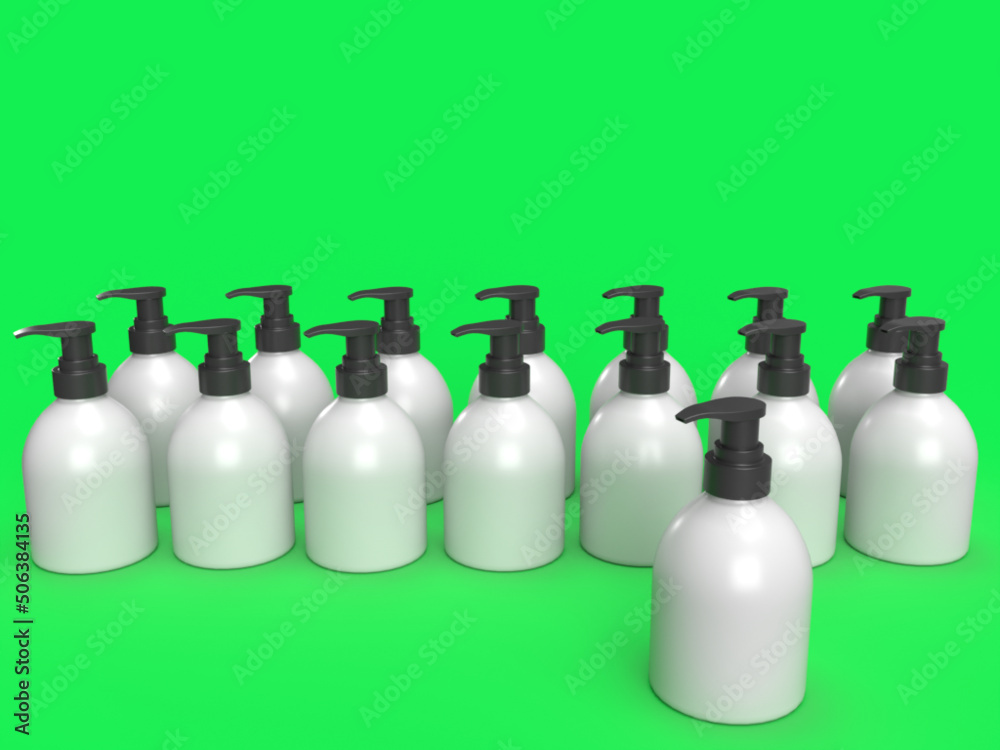 3D Illustraton - Set of soap bottles on a green screen. 3D Illustraton - Set of soap bottles on a green screen.