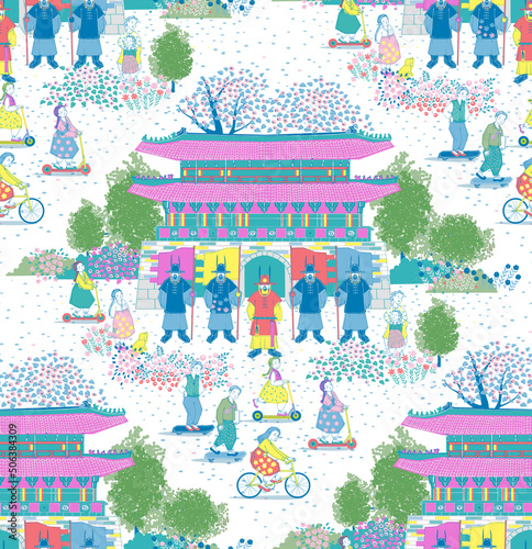 Seamless pattern illustration. The daily scenery in front of the royal palace, a historical heritage located in the middle of the Korean city