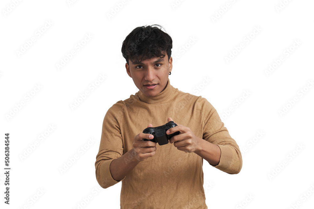 Young peruvian man man playing video games with a joystick. Isolated over white background. Young peruvian man man playing video games with a joystick. Isolated over white background.