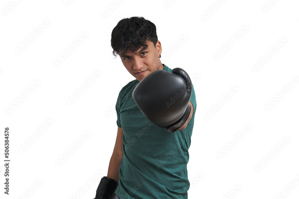 Young peruvian boxer with defiant look. Isolated over white background.