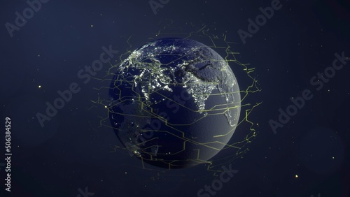 Pianeta Terra con luci accese e sfera cyber