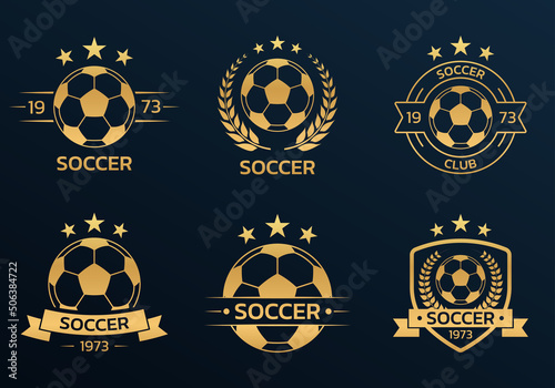 Soccer logo set with a ball. Football club or team emblem, badge, icon design. Sport tournament, league, championship gold labels. Vector illustration.