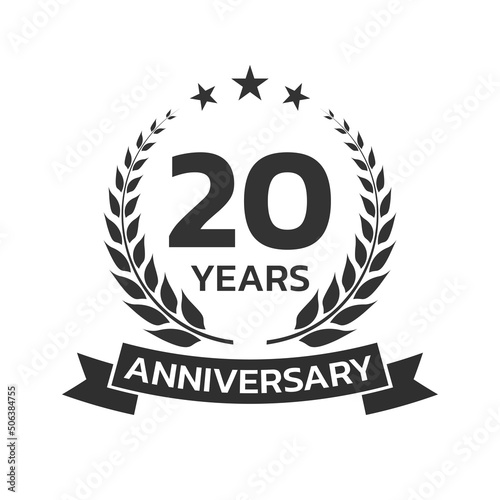 20 years anniversary laurel wreath logo or icon. Jubilee, birthday badge, label or emblem. 20th celebration design element. Vector illustration.