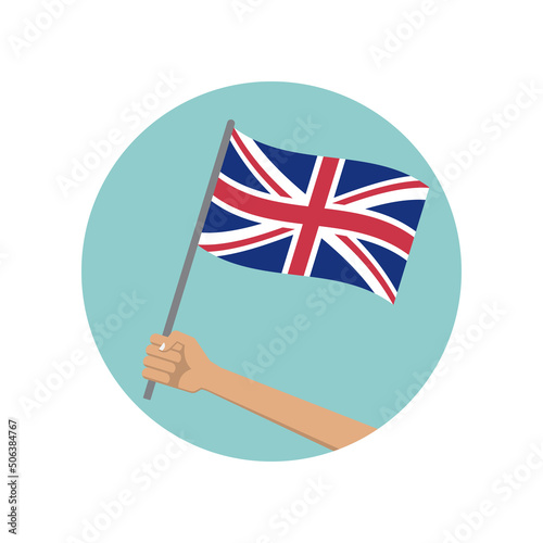 UK waving flag circle icon. Hand holding British flag. National symbol of Great Britain. Vector illustration.