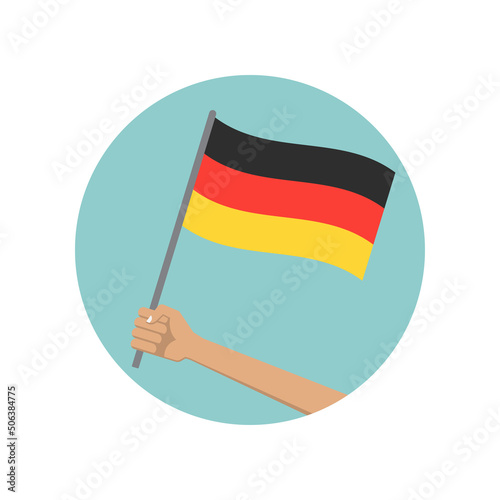 Germany waving flag circle icon. Hand holding German flag. National symbol. Vector illustration. 