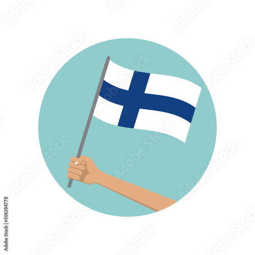 Finland waving flag circle icon. Hand holding Finnish flag. National symbol. Vector illustration. 