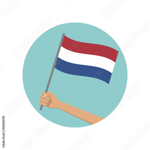 Holland waving flag circle icon. Hand holding Dutch flag. National symbol of the Netherlands. Vector illustration. 