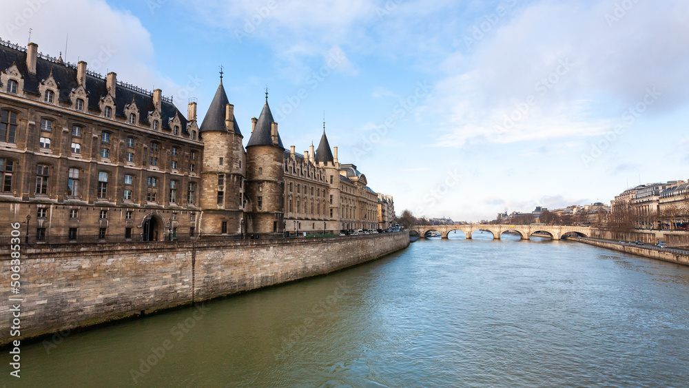Stone embankment of the river Seine in the center of Paris, France, Europe Stone embankment of the river Seine in the center of Paris, France, Europe