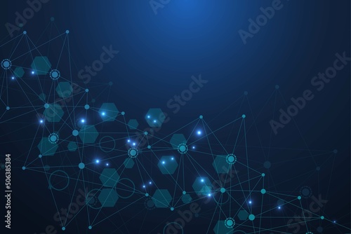 Science network pattern, connecting lines and dots. Technology hexagons structure or molecular connect elements.