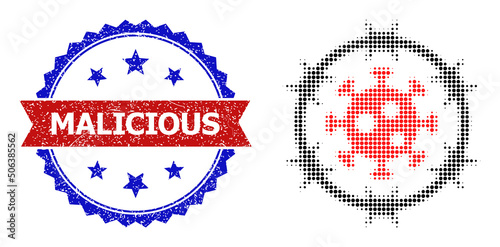 Halftone virus jail icon, and bicolor unclean Malicious watermark. Halftone virus jail icon is made with small circle dots. Vector seal with unclean bicolored style,