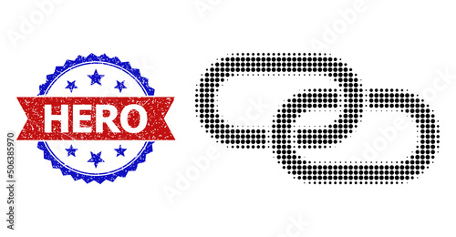 Halftone chain element icon, and bicolor grunge Hero stamp. Halftone chain element icon is made with small spheric points. Vector watermark with grunge bicolored style,