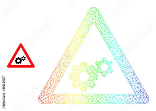 Spectral vibrant net gears warning. Vector model created from gears warning icon. Vibrant carcass polygonal icon.