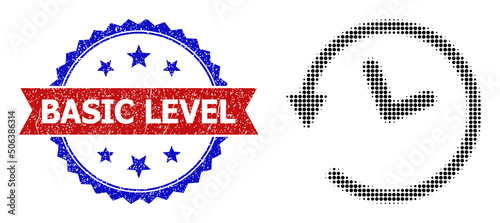 Halftone wayback machine icon, and bicolor scratched Basic Level watermark. Halftone wayback machine icon is generated with small round points. Vector seal with scratched bicolored style,