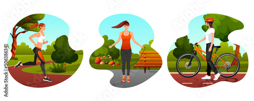 Set of active healthy lifestyle fitness women training park, street summer morning. Girl jog, jump jumping rope, ride bicycle. Outdoor, open air workout activity, sport exercises. Vector illustration