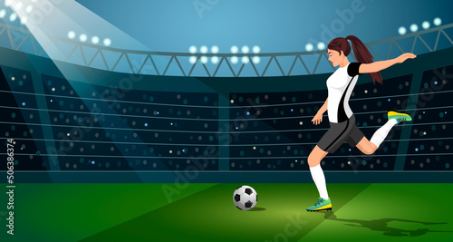 Young female, woman, girl, soccer, football player kick, shoot ball, penalty, pass, football field, shootout. Fan stand, team. Goal action, activity, professional sportswoman. Vector illustration