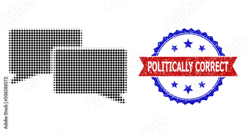 Halftone chat icon, and bicolor grunge Politically Correct watermark. Halftone chat icon is made with small round dots. Vector watermark with grunge bicolored style, photo