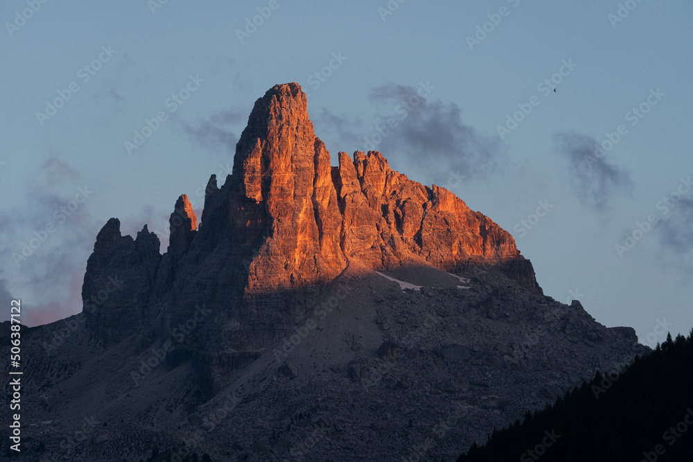 Vivid sunset in the Dolomites mountains
