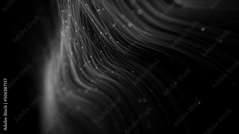 Abstract Flowing Digital Lines Network Close Up Background/ 4k animation of an abstract technology wallpaper background of close up of flowing particle lines and nodes with depth of field and data con