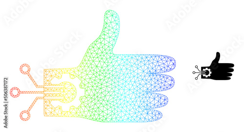 Spectrum vibrant mesh mechanical hand. Vector model is based on mechanical hand icon. Vibrant carcass polygonal icon.