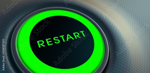 Green glowing restart button on metallic background. Rebooting the global economy after the coronavirus crisis. 3D rendering
