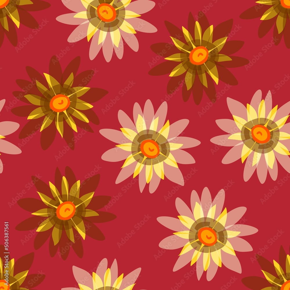 Chamomiles with translucent petals on a burgundy wine color background form a seamless pattern in vector. Natural print for summer fabric.