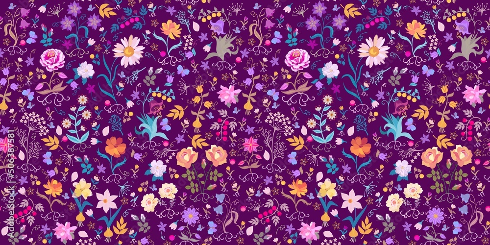 Obraz premium Horizontal pattern with funny garden flowers, berries, leaves, roots, bulbs, butterflies isolated on dark purple background in vector. Seamless romantic floral ornament. Print for fabric, wallpaper.
