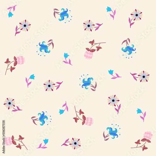 Delicate seamless floral ornament in bright blue, pink, brown tones on a cream background in vector. Natural print for fabric. Romantic pattern in retro style. © Happy Dragon