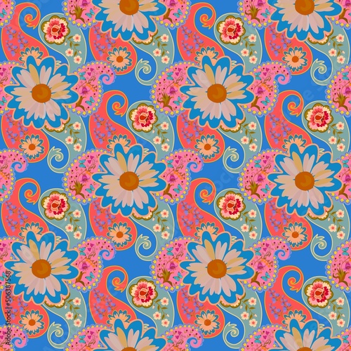 Lovely seamless natural floral pattern with paisley and daisies. Joyful summer fabric print in ethnic style. Indian  Persian  Damascus  Turkish motifs.