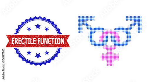 Halftone promiscuity symbol icon, and bicolor textured Erectile Function seal. Halftone promiscuity symbol icon is generated with small circle pixels. Vector seal with distress bicolored style,