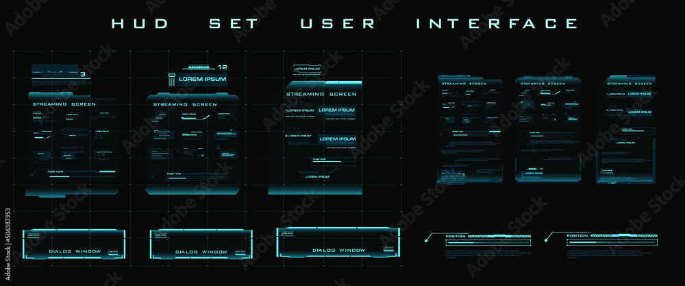 Digital streaming screen panel PC with HUD, GUI, UI neon holographic elements set. Frames for text, callouts, headings for the HUD interface. Digital user interface HUD. Modern dialog boxes - obrazy, fototapety, plakaty 