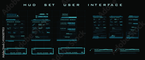 Digital streaming screen panel PC with HUD, GUI, UI neon holographic elements set. Frames for text, callouts, headings for the HUD interface. Digital user interface HUD. Modern dialog boxes