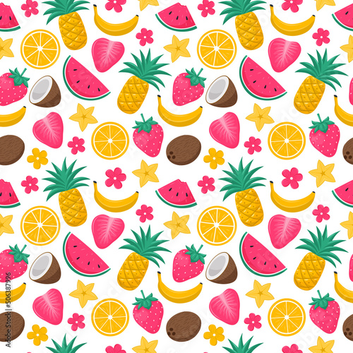 Fototapeta Naklejka Na Ścianę i Meble -  Bright summer seamless pattern with exotic, tropical fruits, berries and flowers. Coconut, pineapple, watermelon, strawberry. Vector illustrations in a flat cartoon style on a white background.