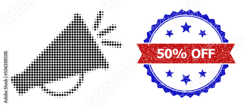 Halftone advertisement megaphone icon, and bicolor rubber 50% Off seal stamp. Halftone advertisement megaphone icon is made with small round points. Vector seal with distress bicolored style,