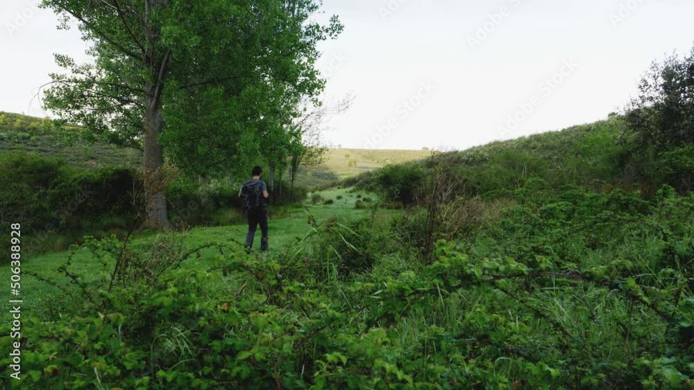 Person hiking alone with backpack and walking in a green field Person hiking alone with backpack and walking in a green field