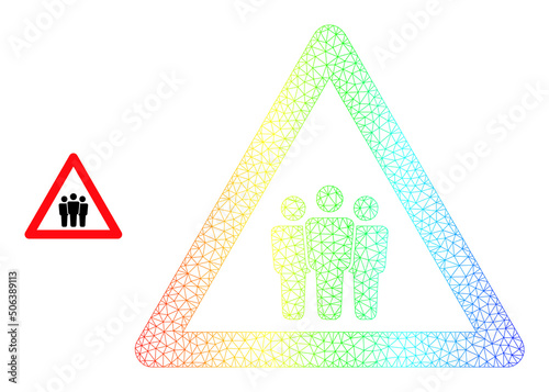 Rainbow colored net people warning. Vector model based on people warning icon. Colored carcass mesh icon.