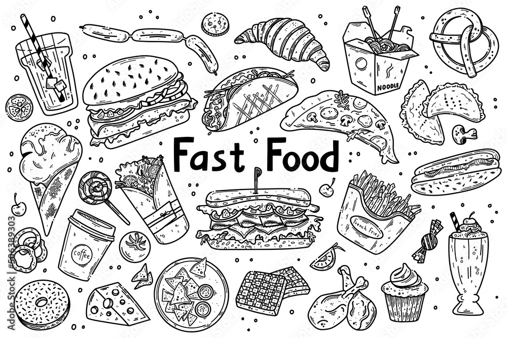 Fast food vector set illustration. Junk food in doodle style. Hand drawn collection of fast food